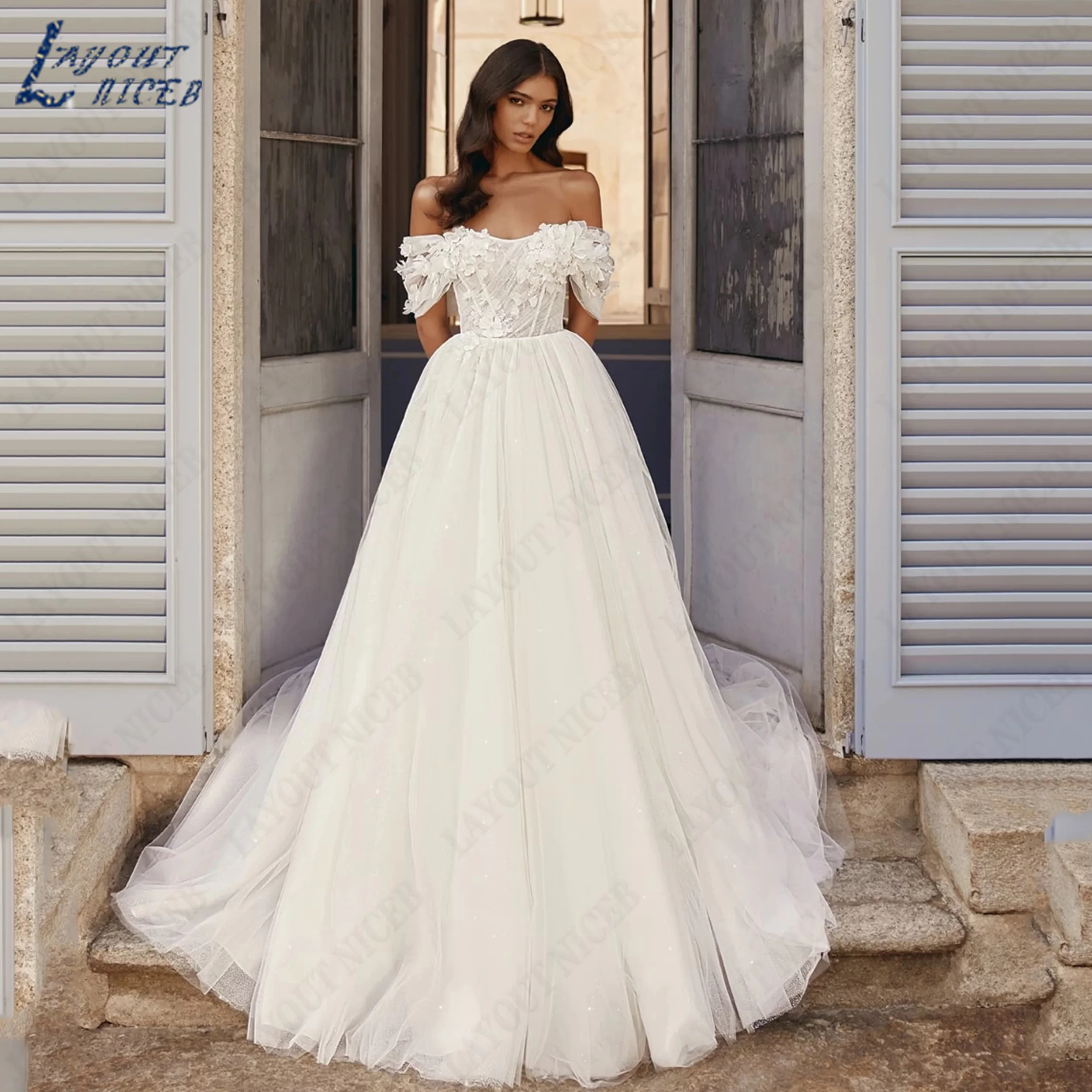 LAYOUT NICEB Customized Off Shoulder Tulle Wedding Dress Lace Applique Corset Bridal Gown A Line Boat Neck Gowns For Bride