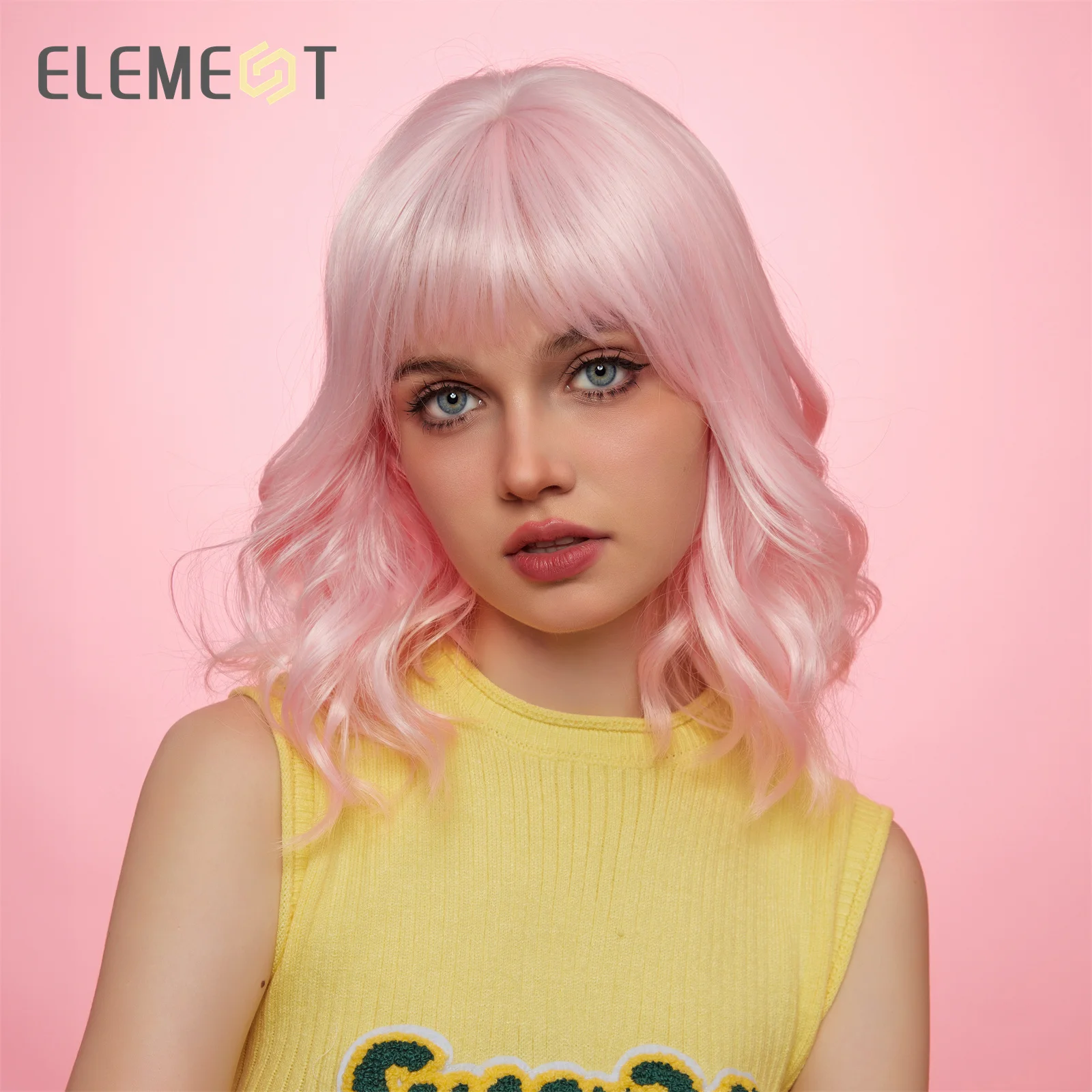 ELEMENT Cute Barbie Wigs Light Pink Loose Curly Hair synthetic Bob Wig with Bangs Lolita Cosplay Party Daily Wigs for Women