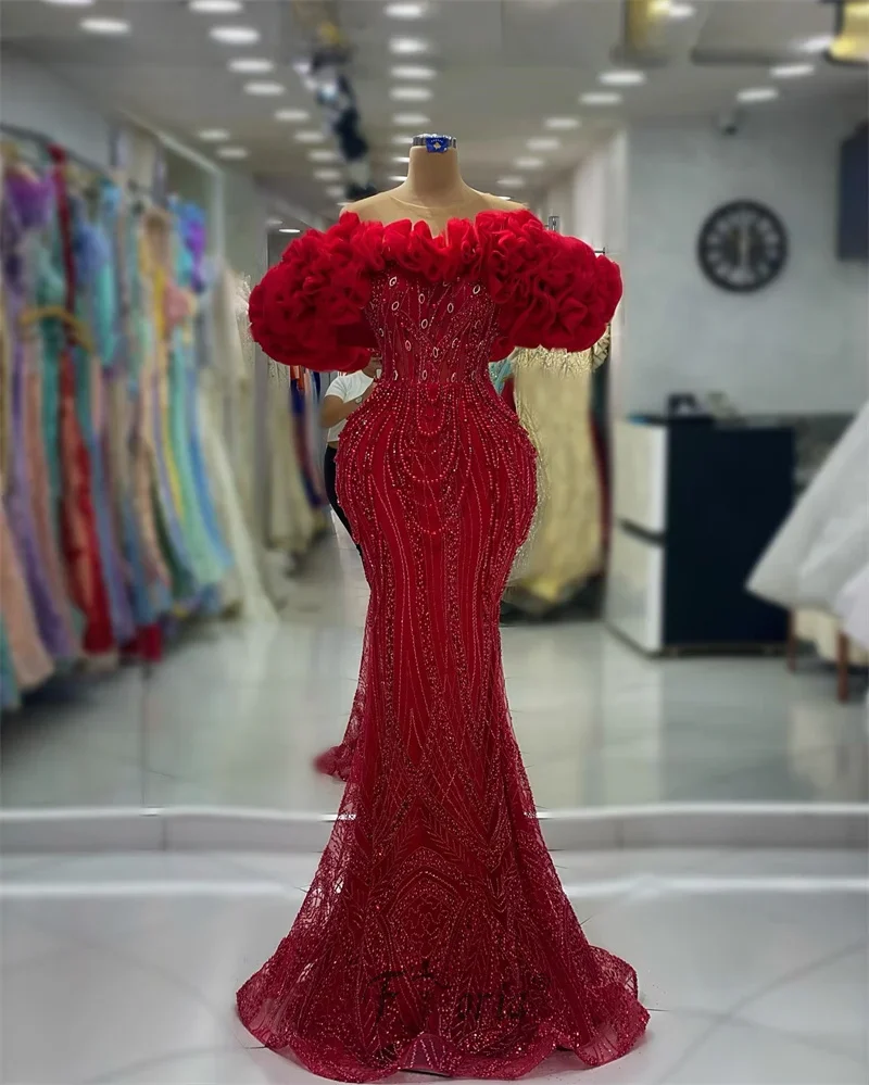 Grand Red syrenka suknia ślubna marszczona tiulowy dekolt formalna okazja suknia perła kryształowa syrenka suknie panny młodej vestido de novia — zdjęcie 2