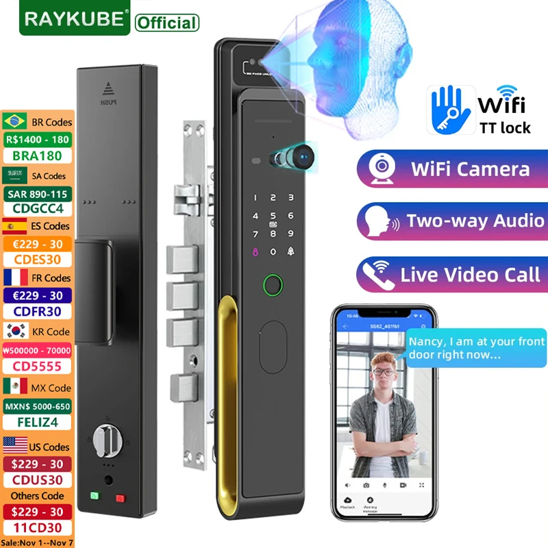 

RAYKUBE TD1 TT Lock WiFi 3D Face Recognition Smart Fingerprint Door Lock With WiFi IP Camera Remote APP Video Call Two-way Audio