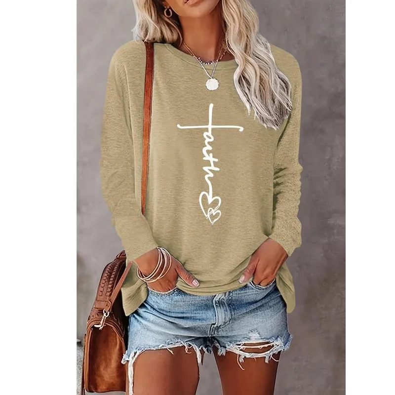 Women's Letter & Heart Print Round Neck Tee Casual Long Sleeve Crew Neck T-shirt for Fall Fashion Women's Top for Daily Wear