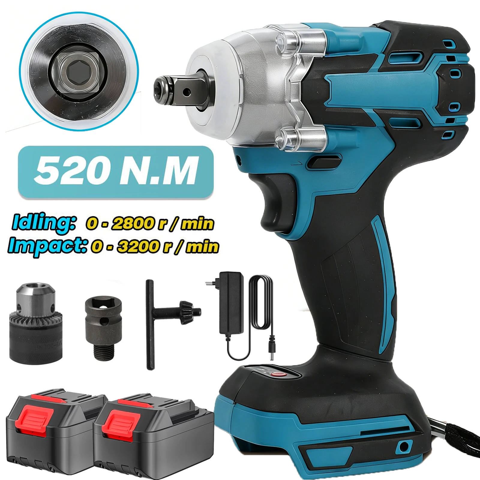 Llave de Impacto Eléctrica sin Escobillas de 520N·m, Llave de Alto Torque de 1/2 Pulgada, 0-4200 RPM, para Baterías Makita de 18V, 4000mAh, Grado Industrial