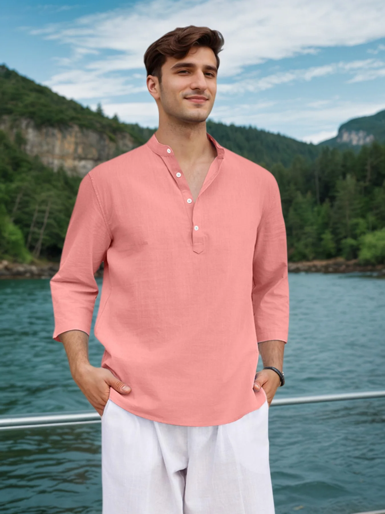 

Мужские рубашки Мужские льняные рубашки Повседневные футболки на пуговицах с рукавами 3/4, летние легкие пляжные топы для йоги