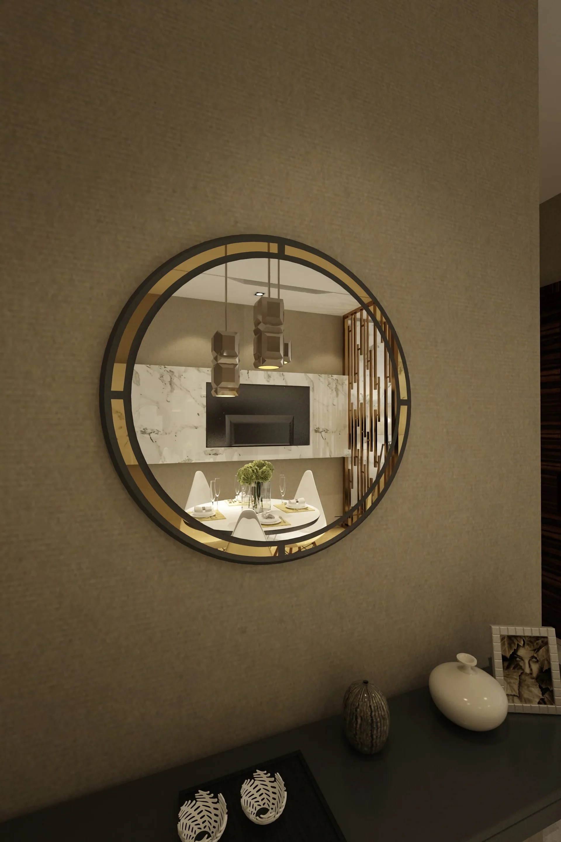 

Modern Round Harmony Decorative Console Mirror Anthracite Silver-Gold Plexi 70 Cm Bathroom Mirror Stylish Tasarım