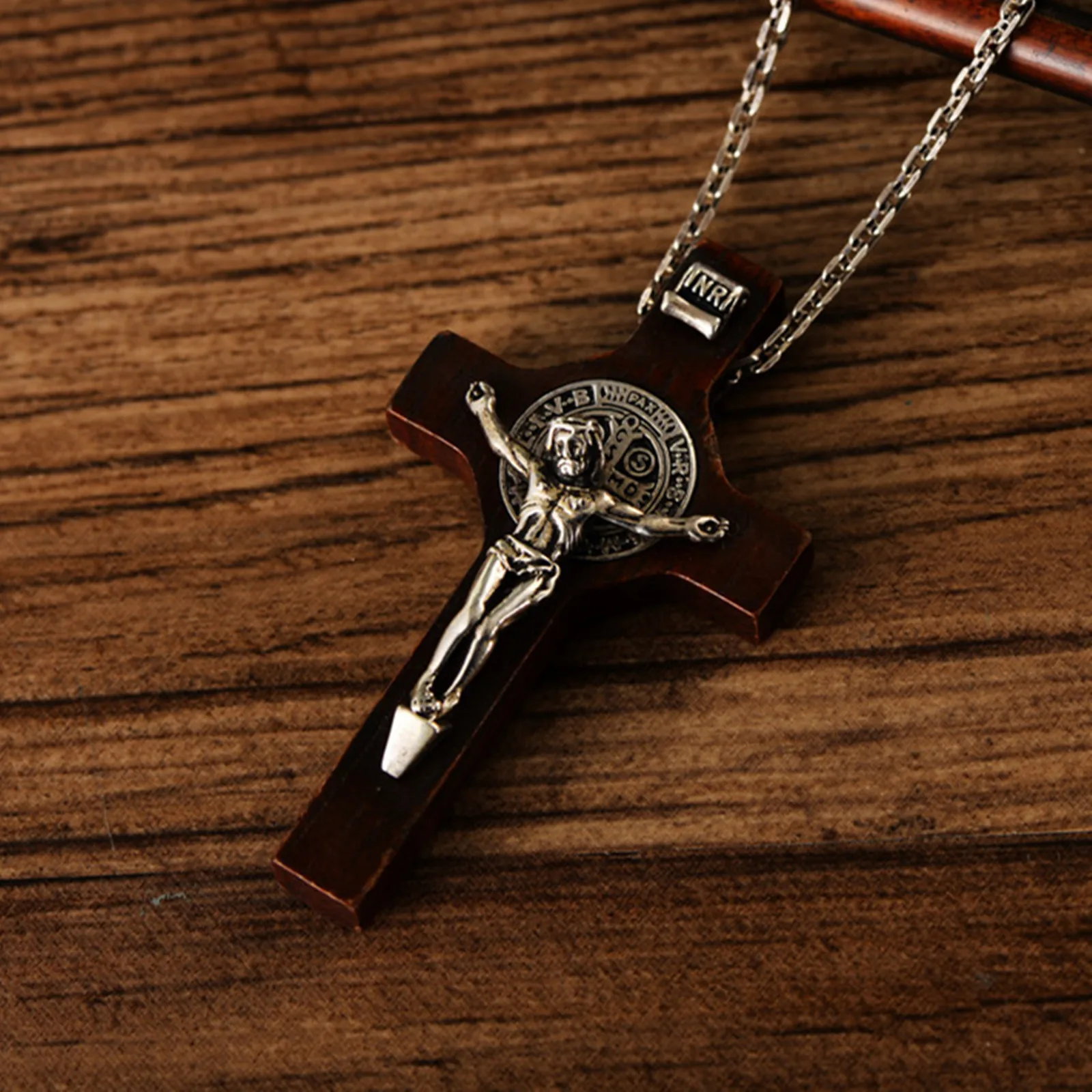 Sterling Silver 925 Saint Benedict Crucifix Sandalwood Pendant Stainless Steel Chain Necklace Catholic Orthodox Wood Jewelry