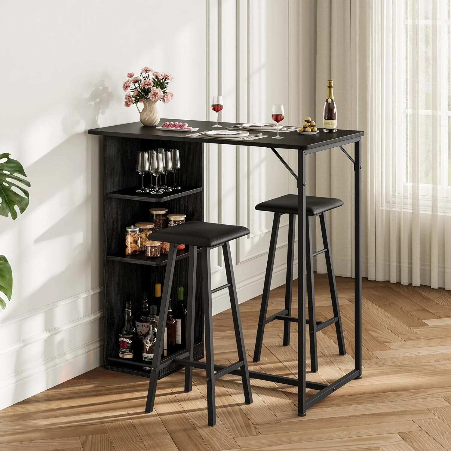 Table de bar aspect marbre avec 2 tabourets, table haute en bois et rembourrée, tabouret, 3 étagères, structure en méta…
