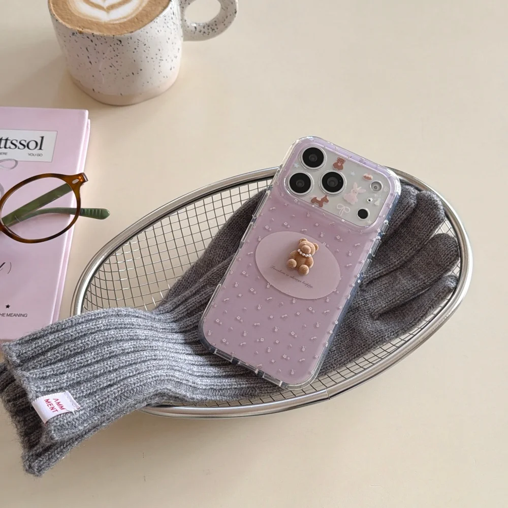 

Fashion classic floral 3D pearl bear phone case for iPhone 17 16 ProMax 15 Pro fundas Korean INS new shockproof protective cover