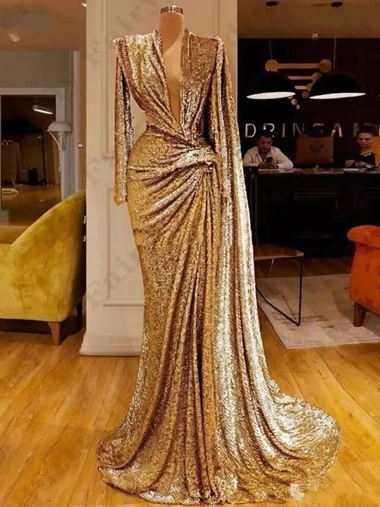 Luxurious Beautiful Evening Dresses Fascinating Deep V-neck Long Sleeves Exquisite Sparkling Romantic Prom Gowns 2024 Customized