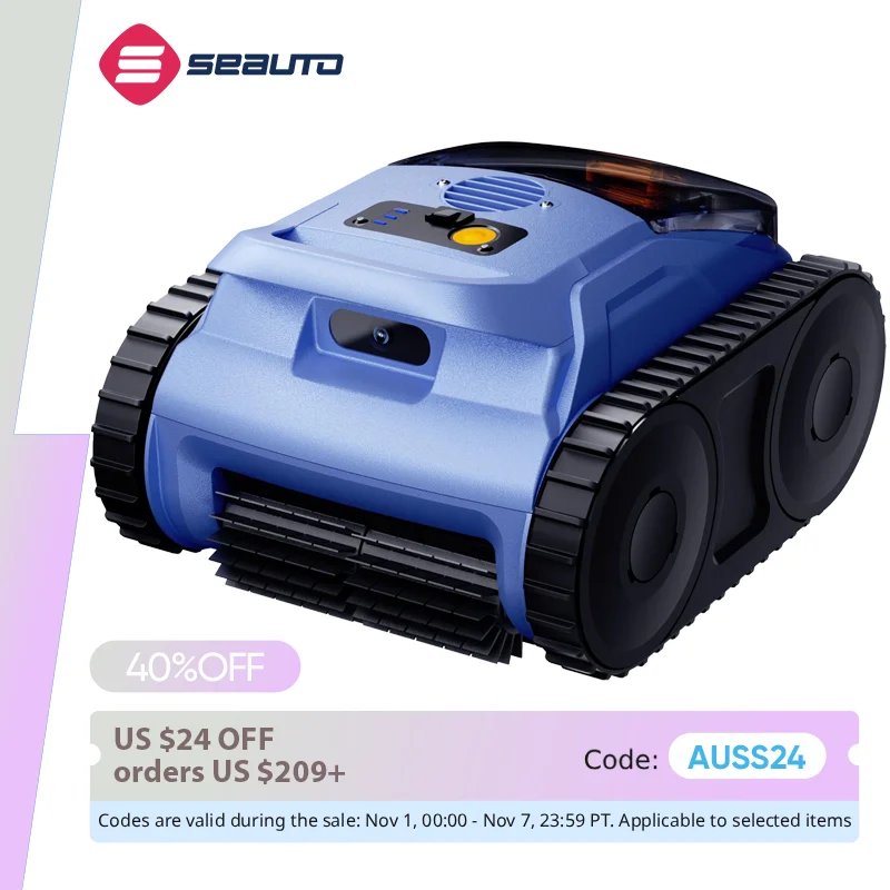 Aspiradora de piscina robótica inalámbrica Seauto con tracción en pista y navegación por sonda, motor sin escobillas de 180 W, escalada en pared, tiempo de ejecución de 150 minutos.