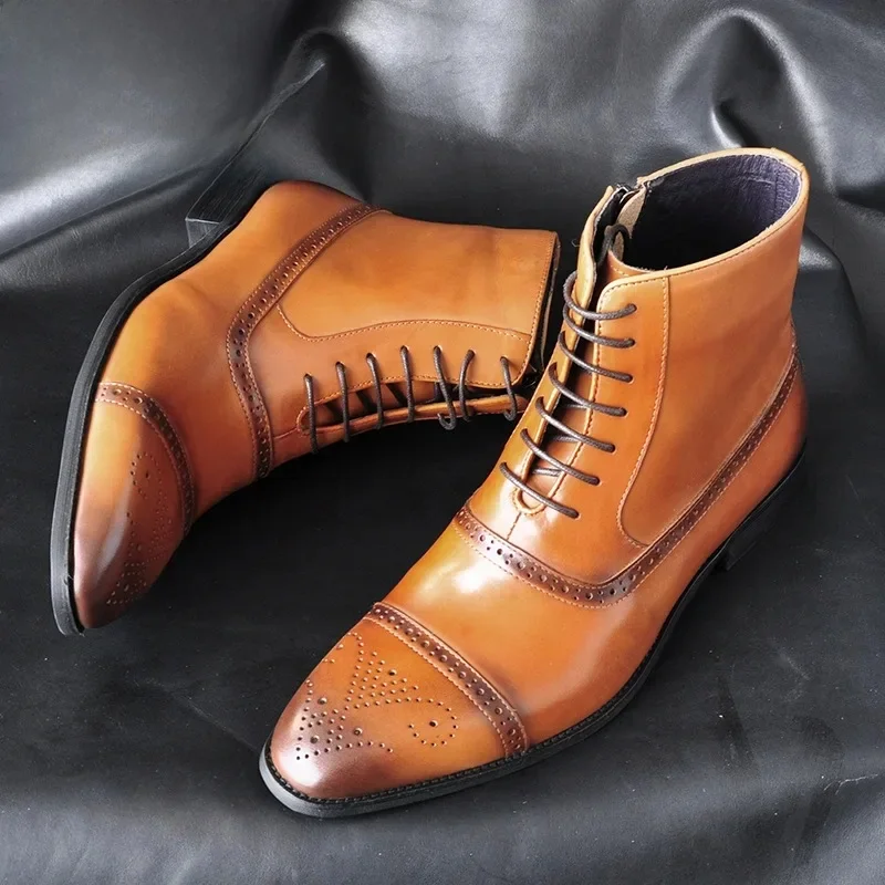 Luksusowe buty męskie Retro Oxfords Skórzane buty dla mężczyzn Biznesowe buty za kostkę Wysokiej jakości męskie buty Chelsea Buty Brogue Rozmiar 39-47 — zdjęcie 2