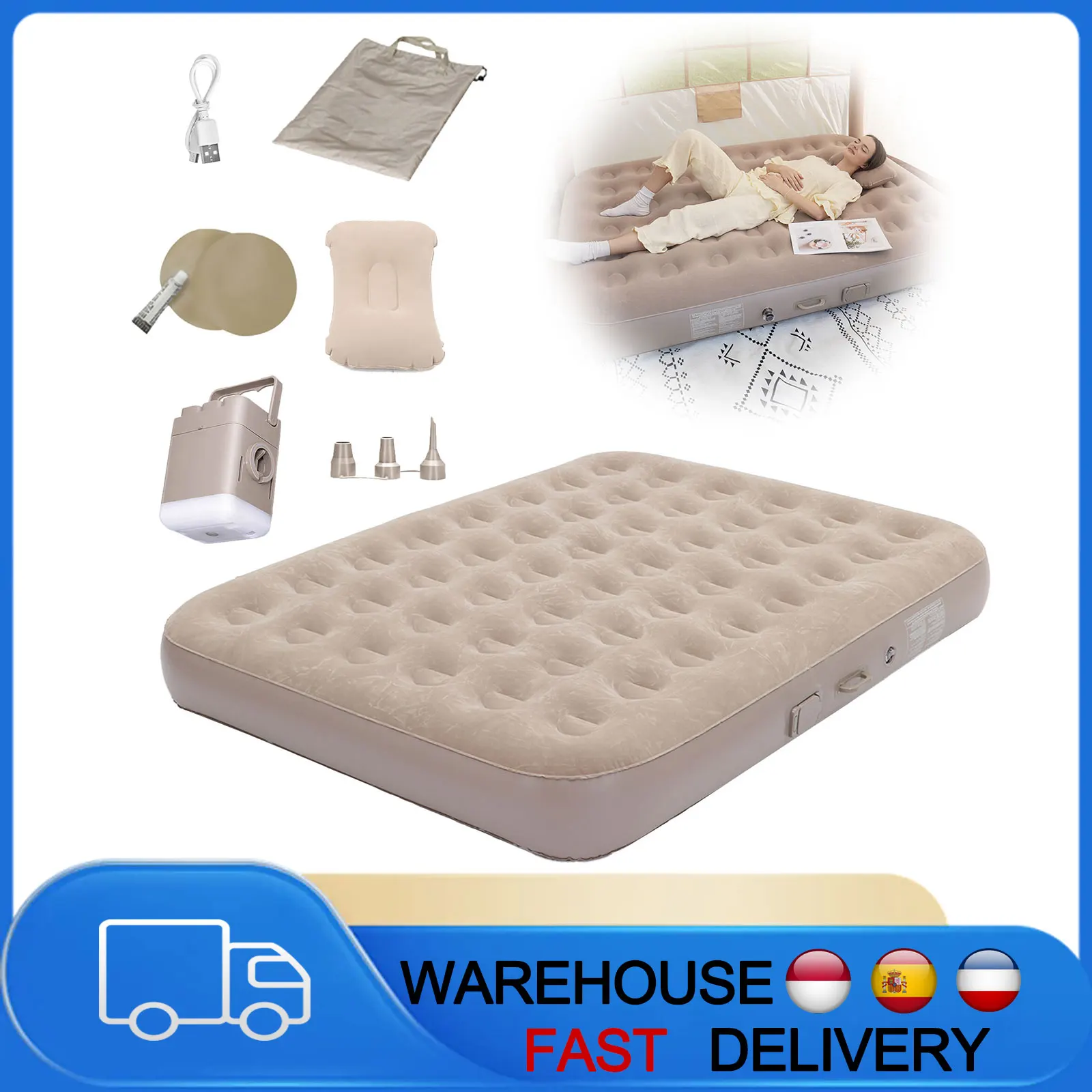 Matelas pneumatique double de luxe pour le camping avec pompe à air intégrée et lumière LED, gonflage rapide en 5 minutes, tapis de couchage imperméable