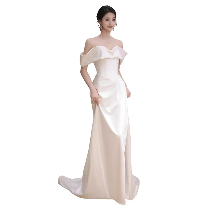 N64 Temperamental long lady banquet satin simple evening dress