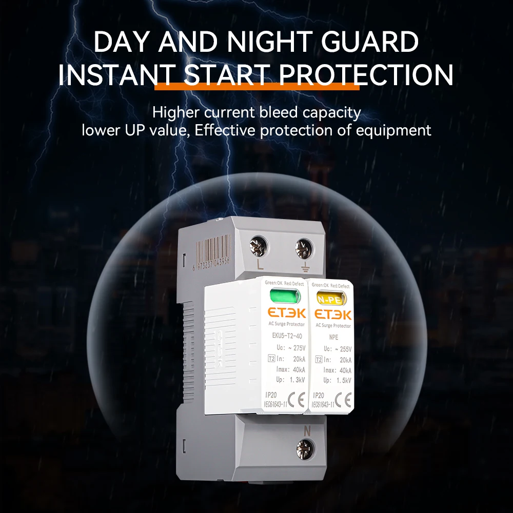 ETEK House Surge Protective Device Protector Arrester Protection Type T2 SPD AC 2P 4P 20KA~40KA 1P+NPE 3P+NPE 275V EKU5