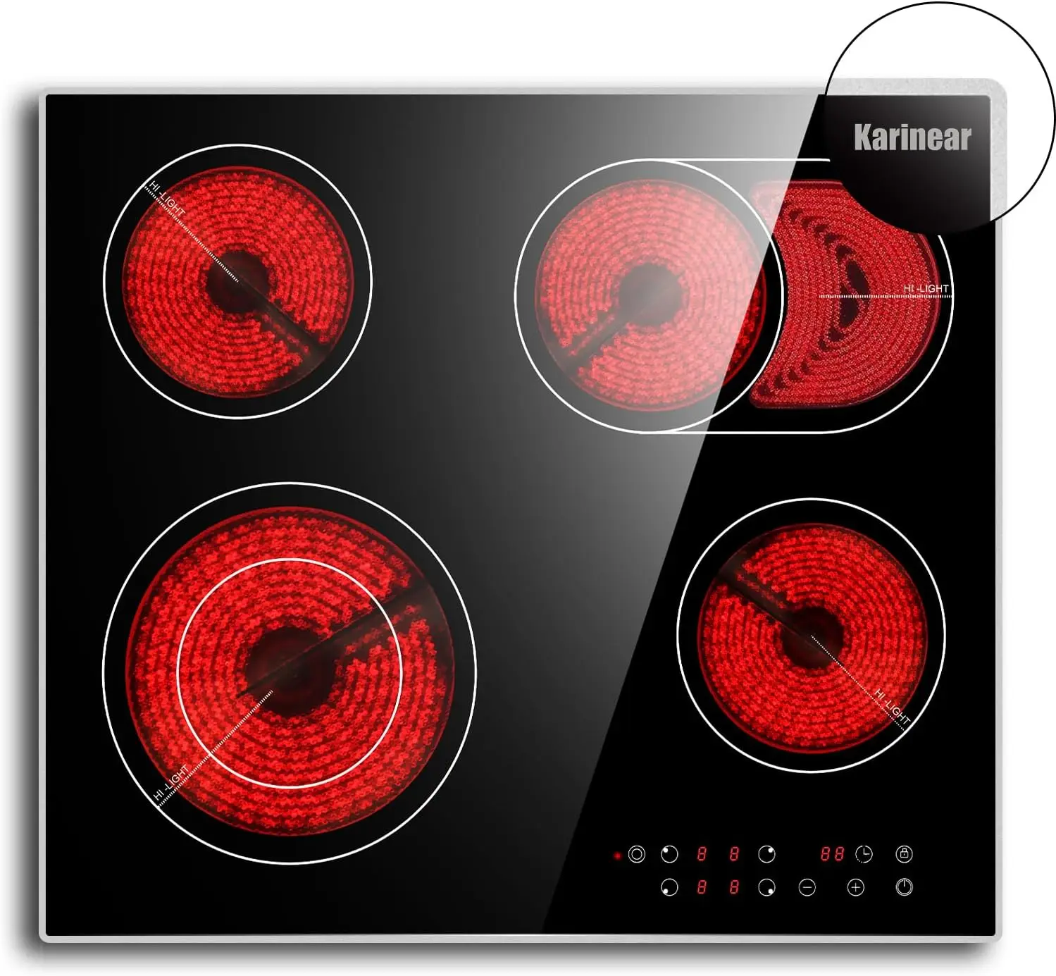 Karinear Ceramic Hob, 60cm Built-in 4 Zones Electric Cooktop with Dual Oval Zone 6600W, Hard Wired, No Plug Included