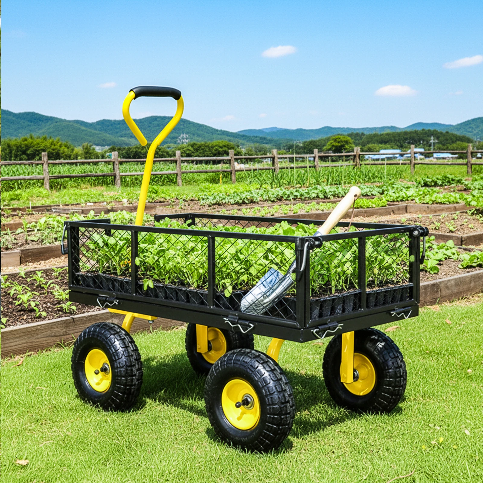 Carrito de Jardín Metálico, Carrito para Manejo de Materiales, Neumáticos Todoterreno 360 °   Ruedas giratorias con capacidad de hasta 900 libras para jardinería, agricultura y mantenimiento de propiedades