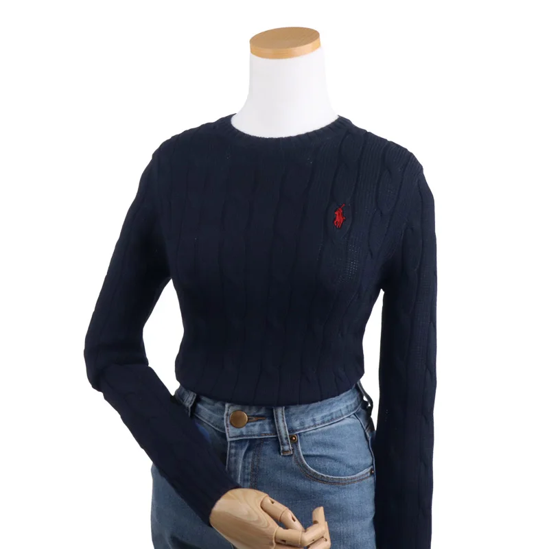 سترة بولو رالف لورين النسائية المحبوكة، بلوزة نسائية كاجوال بأكمام طويلة.