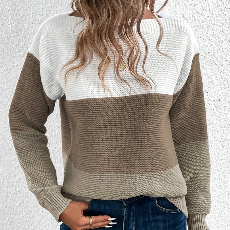 Elegant Three-color Patchwork Sweater Women\'s Round Neck Splicing Knitted Sweater Female Autumn Winter Thickened Warm Pullovers