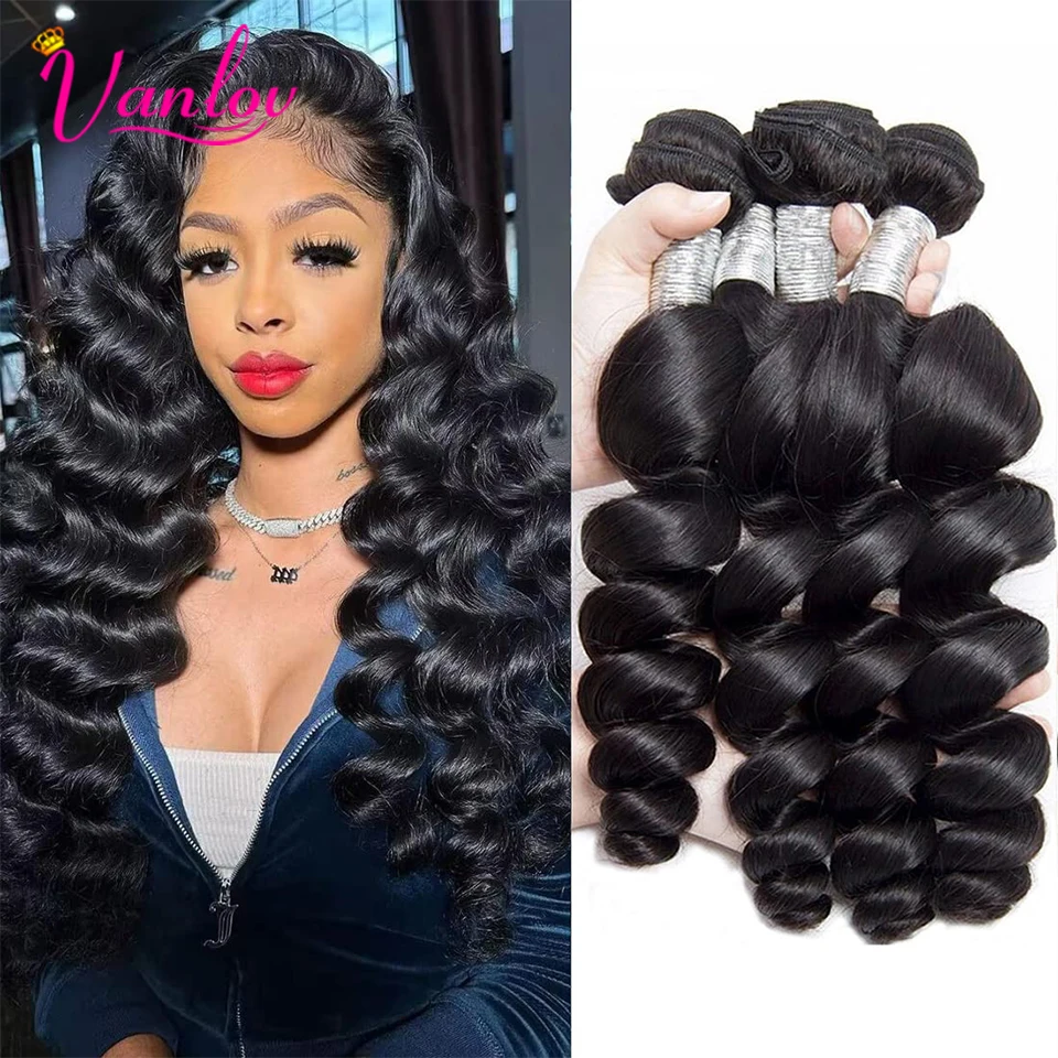 Vanlov 30 Inch Loose Wave Human Hair Bundles Peruvian Curly Hair Weave Bundles 1/3/4 Pcs Remy Black Hair Extensions Double Weft