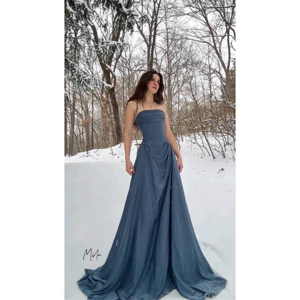 

Mila Customized Strapless A-line Blue Pleats Prom Dress Sleeveless Elegant Formal Evening Floor-Length Vestidos De Fiesta 2026