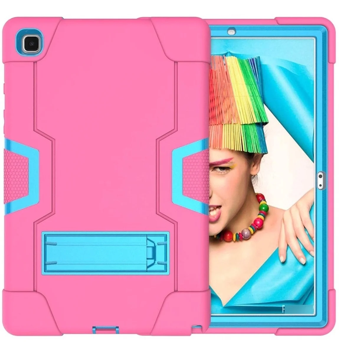 Mica + Funda Uso Rudo Soporte Para Galaxy Tab A8 10.5 X200 Color Rosa Con Azul
