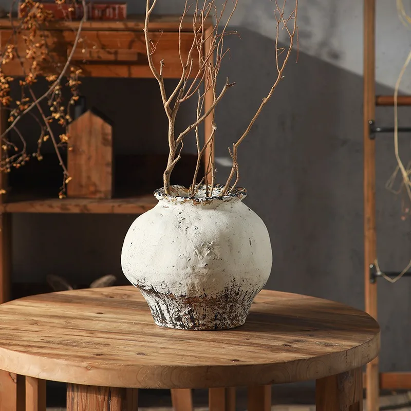 Vintage Rustic MgO Belly Vase, Distressed White Flower Pot, Japandi Farmhouse Tabletop Centerpiece, 28x25cm Decorative Round