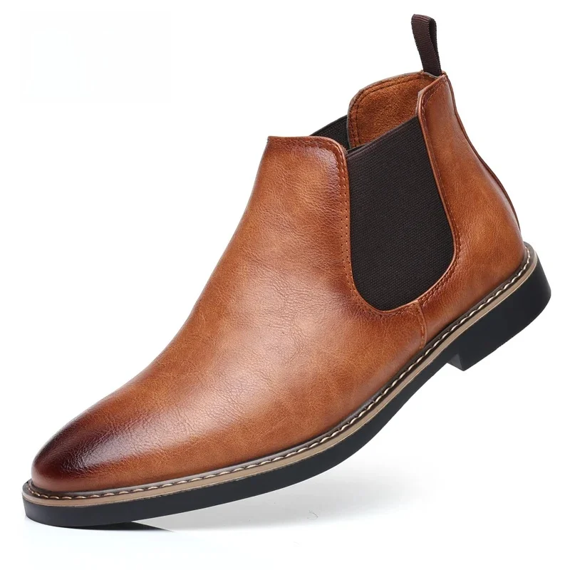 YRZL 39 ~ 47 męskie Chelsea Boots marka Retro wygodne PU skórzane botki męskie 2025 moda czarne brązowe buty męskie — zdjęcie 2
