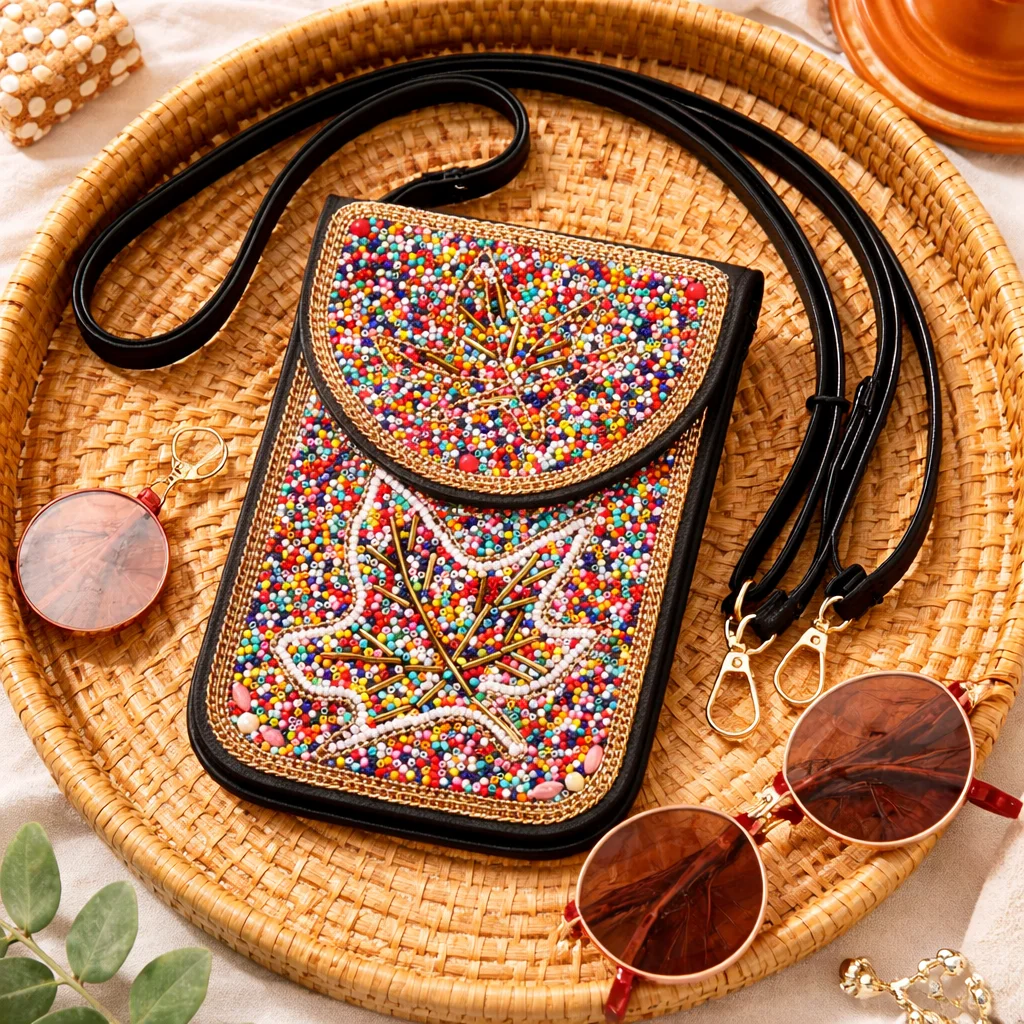 Fallen leaves Pattern Handmade bohemian fringe purse  Women Ethnic Crossbody PU Pouch Boho Retro Mobile Purse