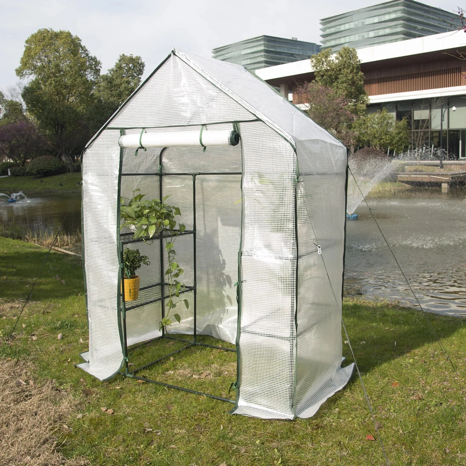 Grote tuinkas met 6 niveaus voor bloemen, groenten, planten, 143 x 73 x 195 cm, PE-afdekking, tuinschuur, plantbescherming - afbeelding 2