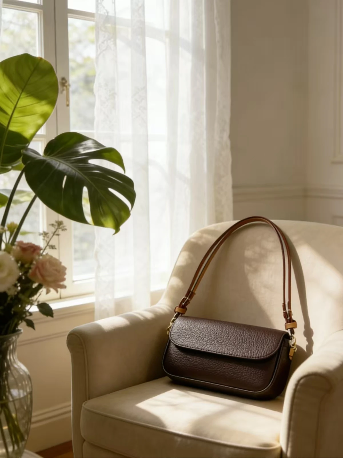 

2026 New Elegant Brown Women's Canvas Shoulder Bag Underarm Bag Adjustable Strap Good Quality (Size: 23cm)