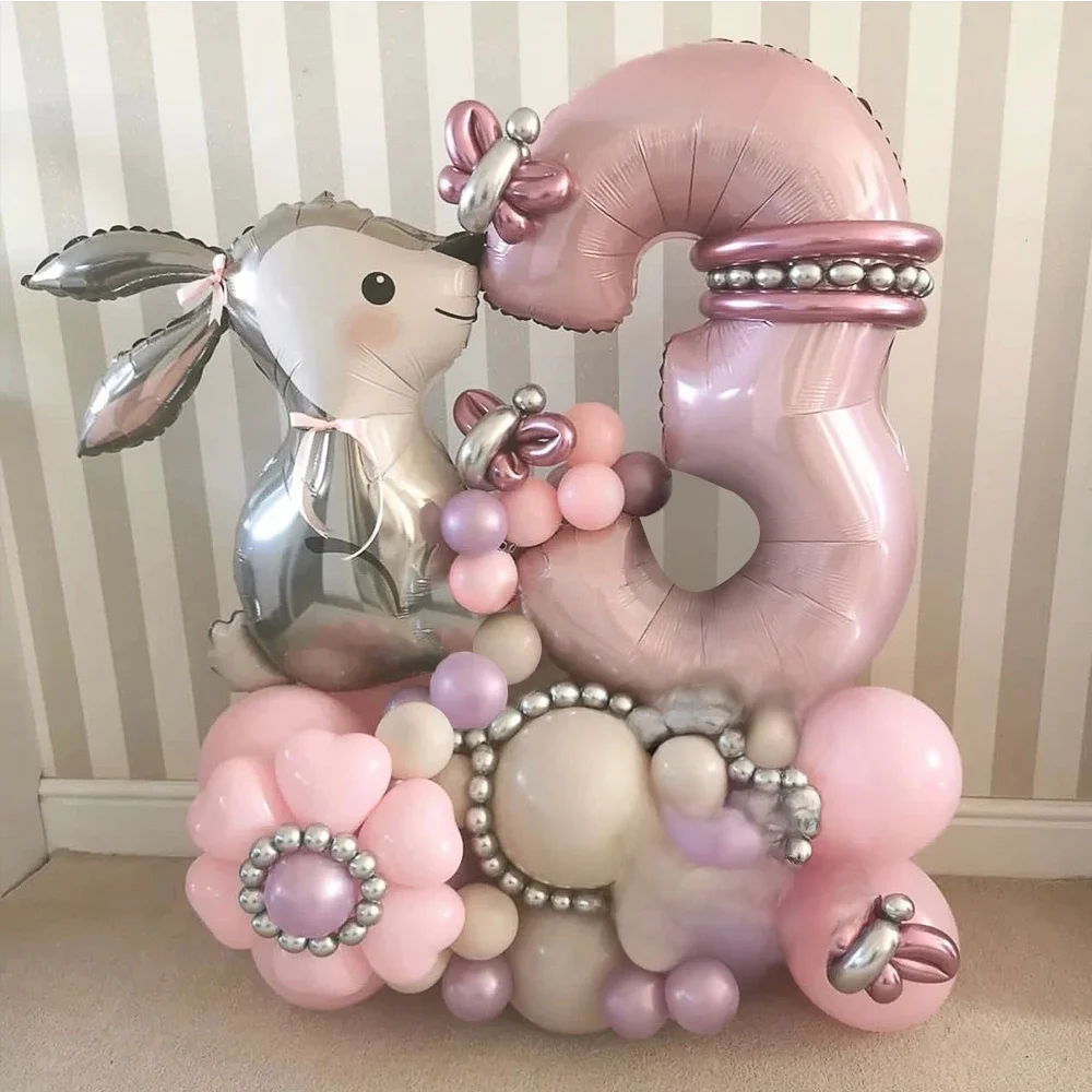 53szt Wielkanocny Królik Kreskówka Królik Balony foliowe z różowym 40-calowym zestawem kulek numerycznych Dziecko Dziewczynki 1. urodziny Baby Shower Deco — zdjęcie 2