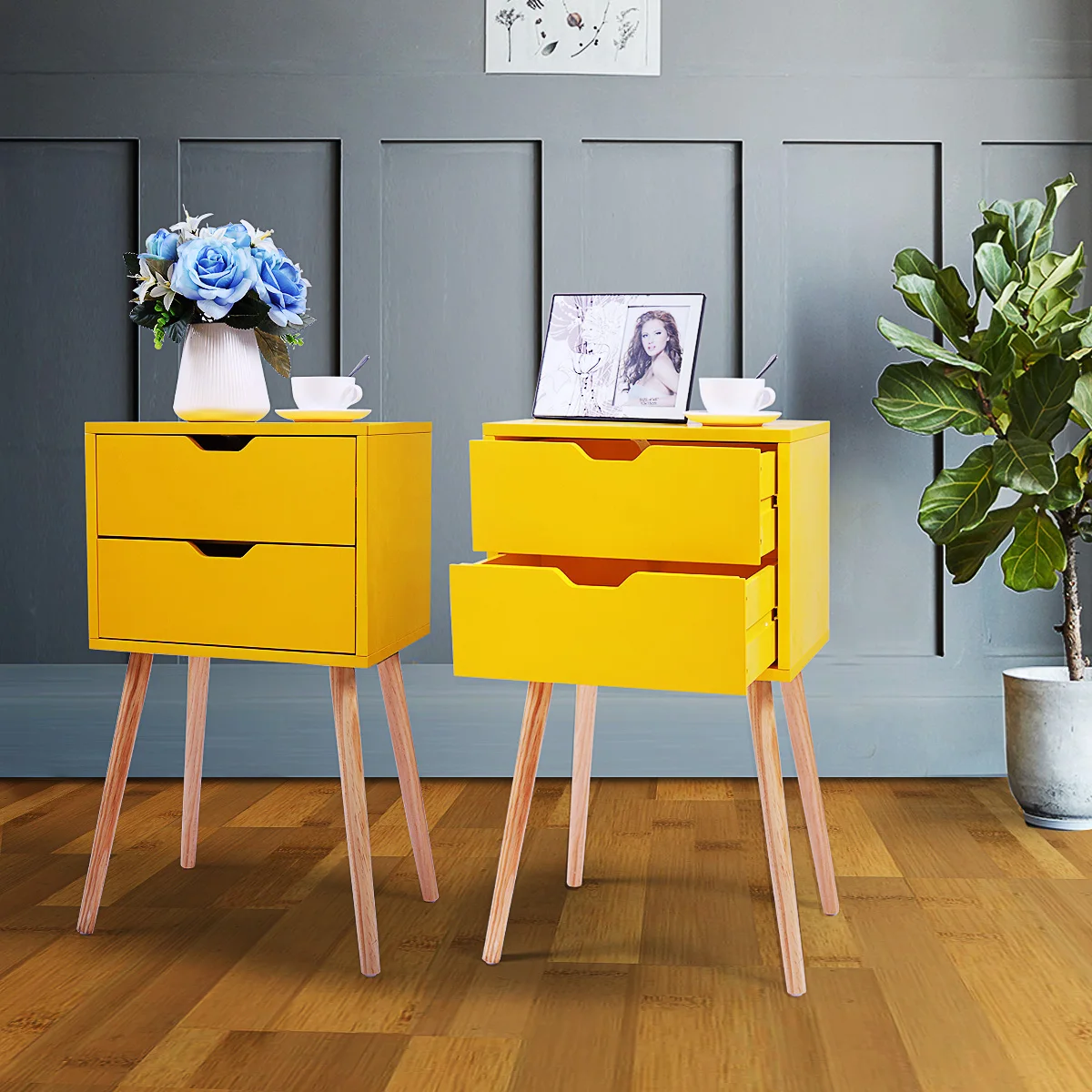 Set of 2 Mid-Century Nightstand with 2 Sliding Drawers, Wood Sofa Side Table, Modern End Table for Living Room Bedroom,