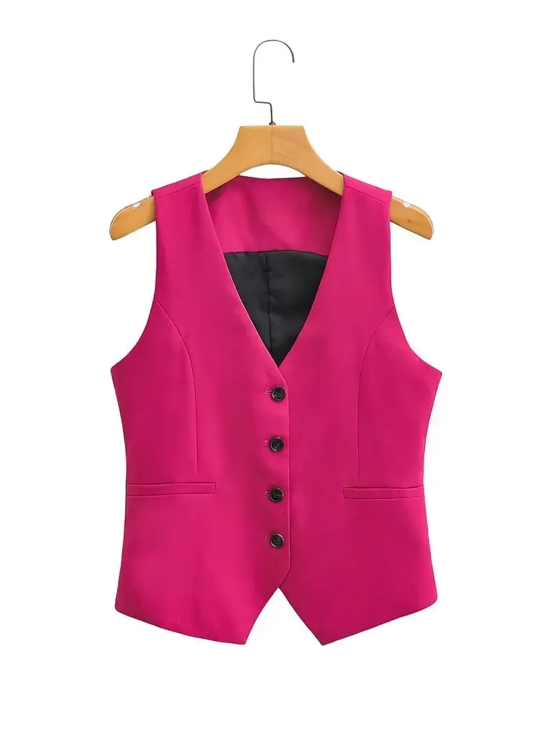 Moda damska V Neck bez rękawów kieszenie krótka kamizelka kurtka biurowa dama pojedyncze piersi Casual wąska kamizelka topy CT2208 — zdjęcie 2