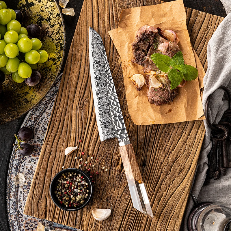 Premium Quality Chef Knife 8 Inch Damascus Blade Stabilized Wood Handle Meat Vegetables Cooking Butcher Kitchen Tool Beige White