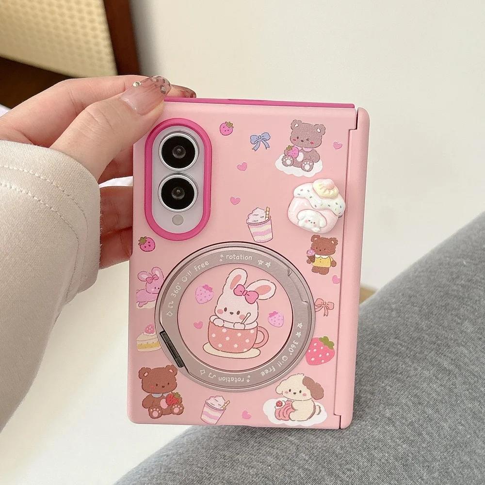 Kawaii Pink Cartoon Magnetic Phone Case for Samsung Galaxy Z Fold 8 Cover Sweet Cute Anti-Fall Protective Set with Magsafe Stand