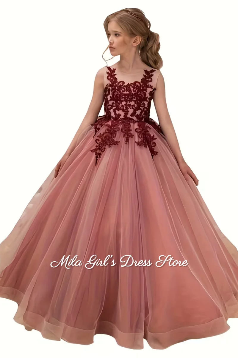 Pink Girl Princess Dress Flower Girl Wedding Dresses Lace Appliques Birthday Pageant Princess Luxury Sleeve Formal Gown Custom