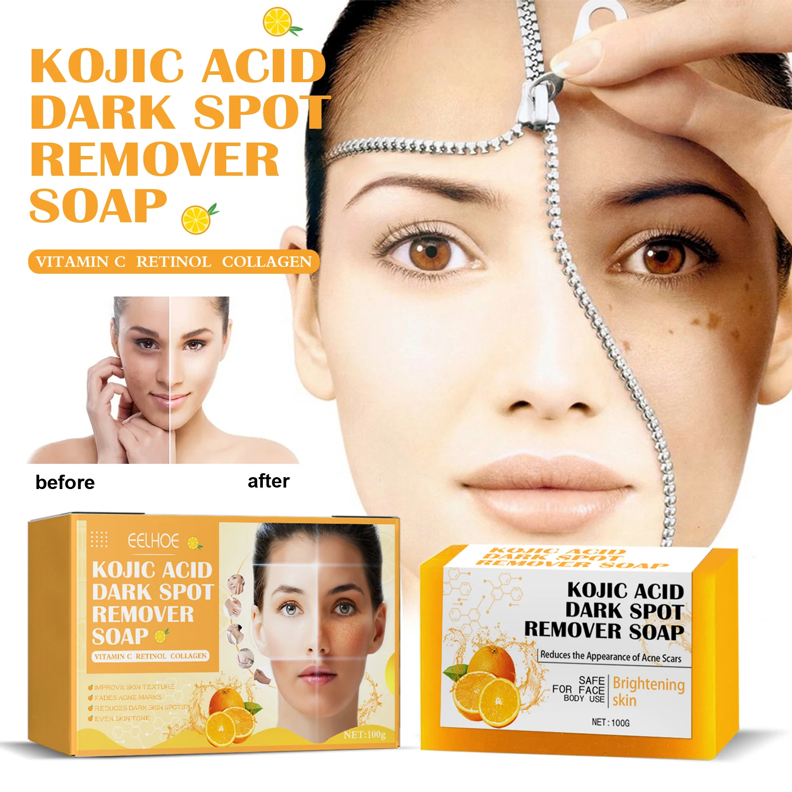 Eelhoe 100g Kojic Acid Facial Soap Clean Face Lighten Acne Mark Shrink Pores Exfoliating Skin Care Remove Dark Spots Face Soap