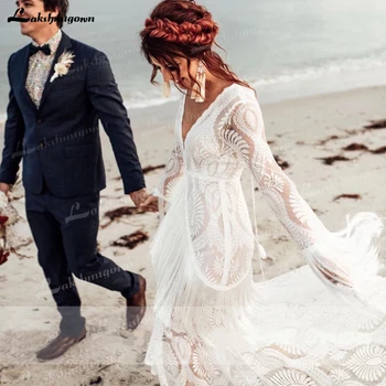보호 슬리브 보헤미안 A 라인 웨딩 원피스, 맞춤형 신부 가운, 롱고 매력적인 레이스, 노비아 맞춤 제작
