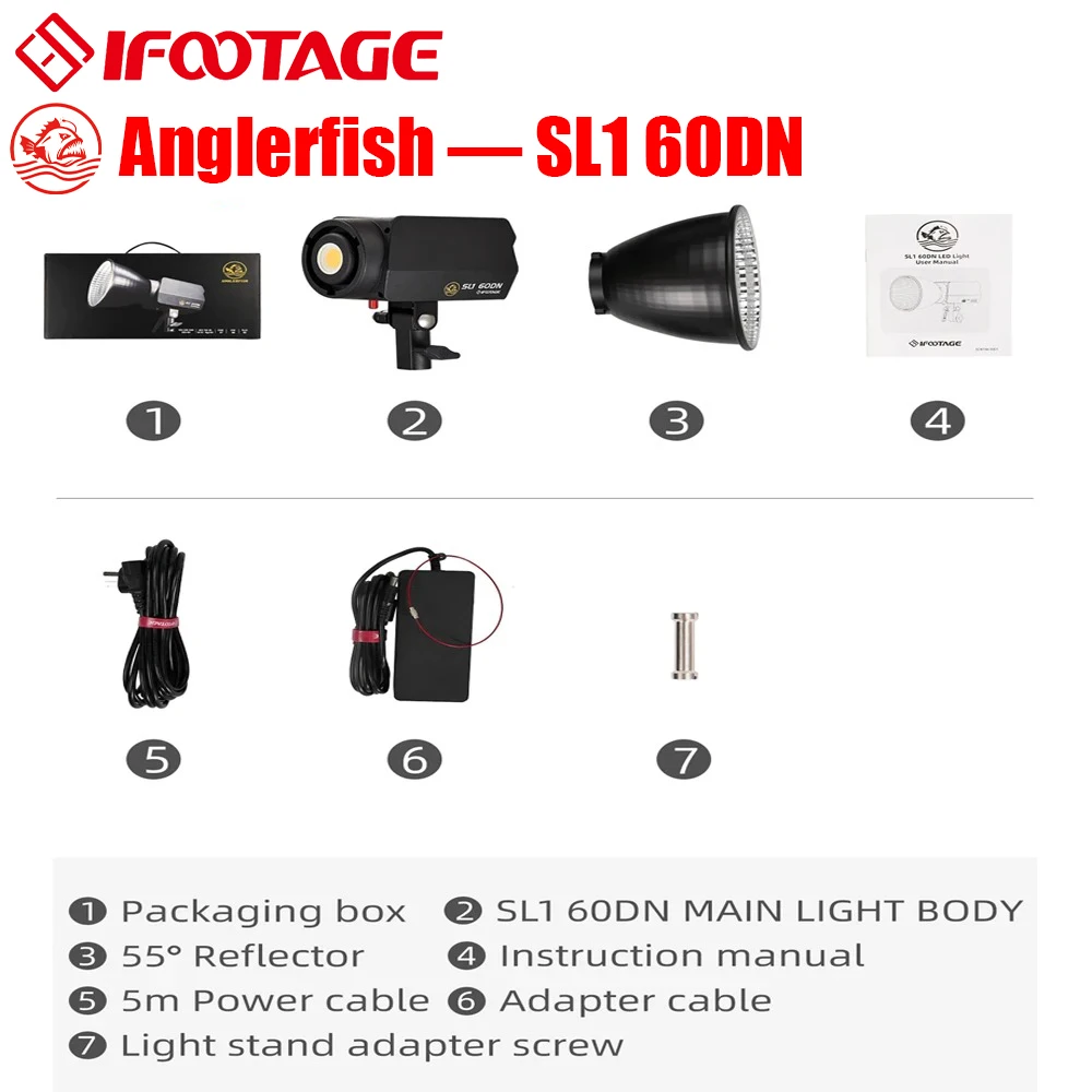 Ifootage Anglerfish SL1 60DN Studio Light مصباح LED محمول للتصوير الفوتوغرافي يتم التحكم فيه مع ضوء أزرق منخفض للاستوديو والفيديو