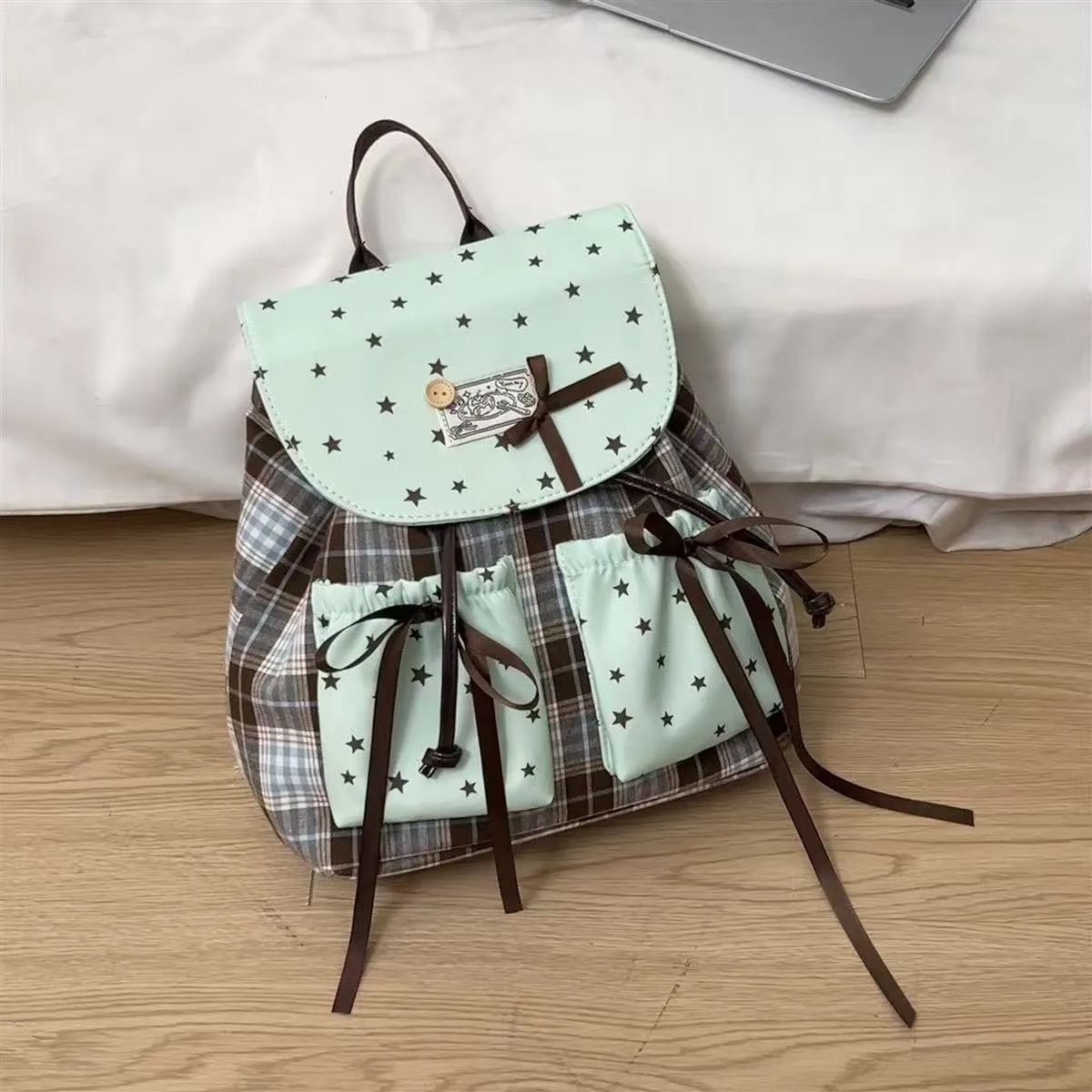Korean Plaid Star Print Backpack Women Sweet Bow Drawstring School Bag Y2K Aesthetic Casual Travel Daypack for Teen Girls