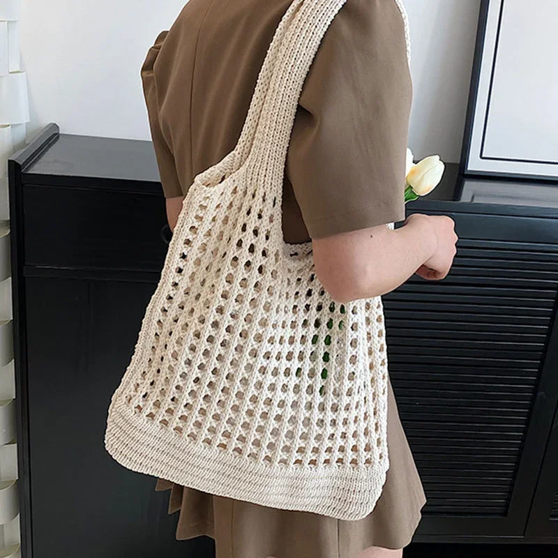 Vintage Hollow Design tkana damska torba na ramię Knitting torebki o dużej pojemności letnia torba podróżna na zakupy dla pań torby plażowe — zdjęcie 2