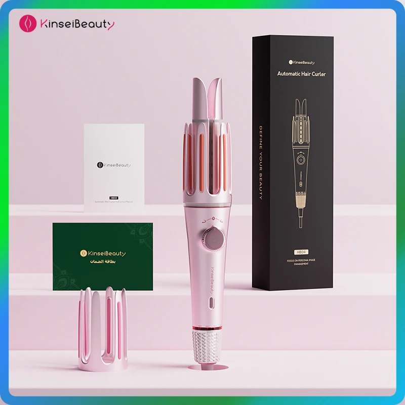 KinseiBeauty מסלסל שיער אוטומטי עם ציפוי לטיפוח השיער, חימום מהיר, יונים שליליים, 2 ב-1, צבתות קסם HB04