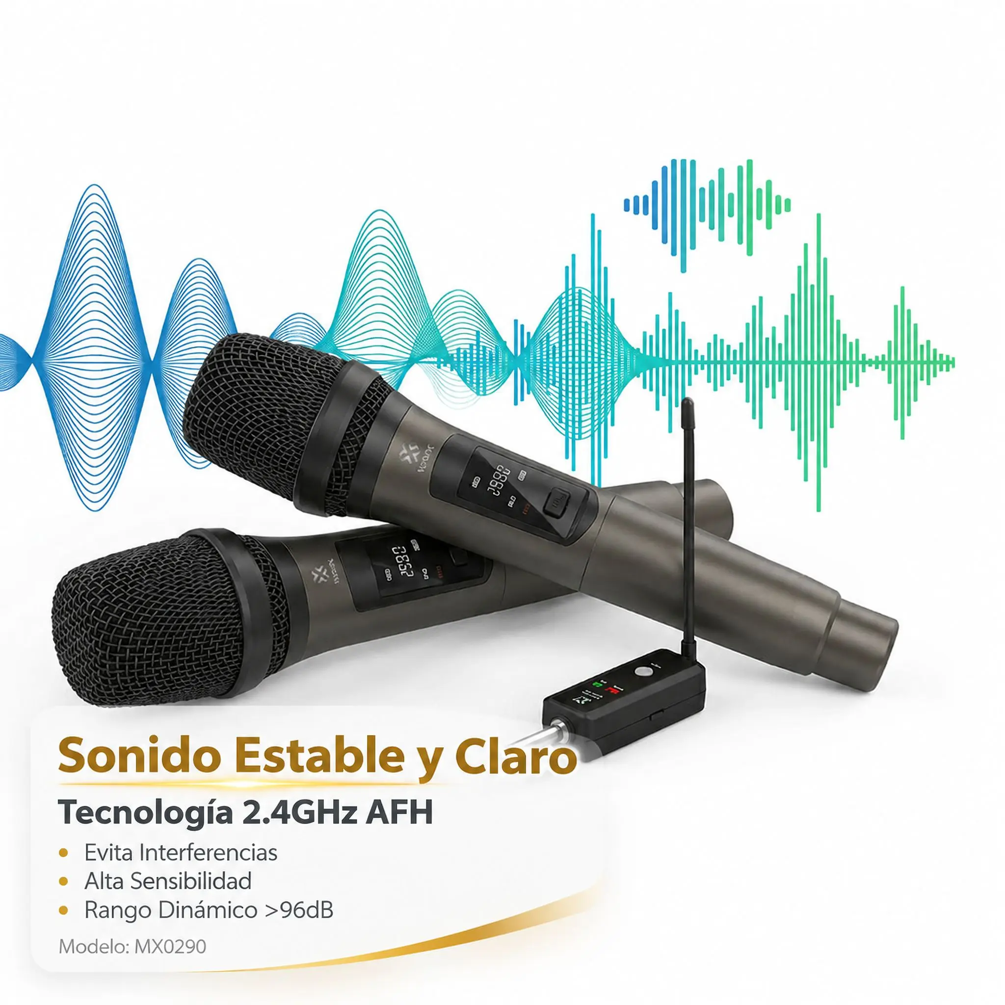 Microphone sans fil rechargeable Mx0290 2.4Ghz Karaoké 2 pièces 40-50m Afh 5-6 heures Récepteur USB 6.5mm Aux Woox