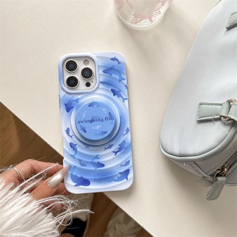

Whirlpool Water Ripple Fish phone case for iPhone 16 Pro 14 13 15Pro Max magnetic stand Silicone shockproof 15Pro Kawaii Capa