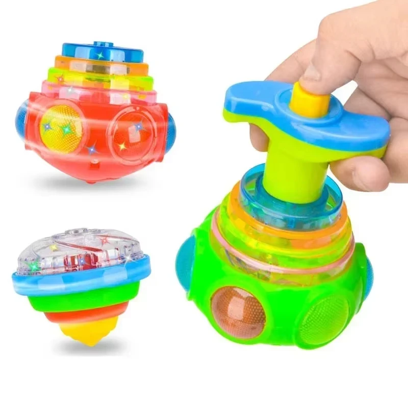 UFO Flashing Spinning Top Kids Gyro Light Up Toy Kids Piggy LED Music Gyroscope Launcher Rotating Toys Fun Birthday Party Favors