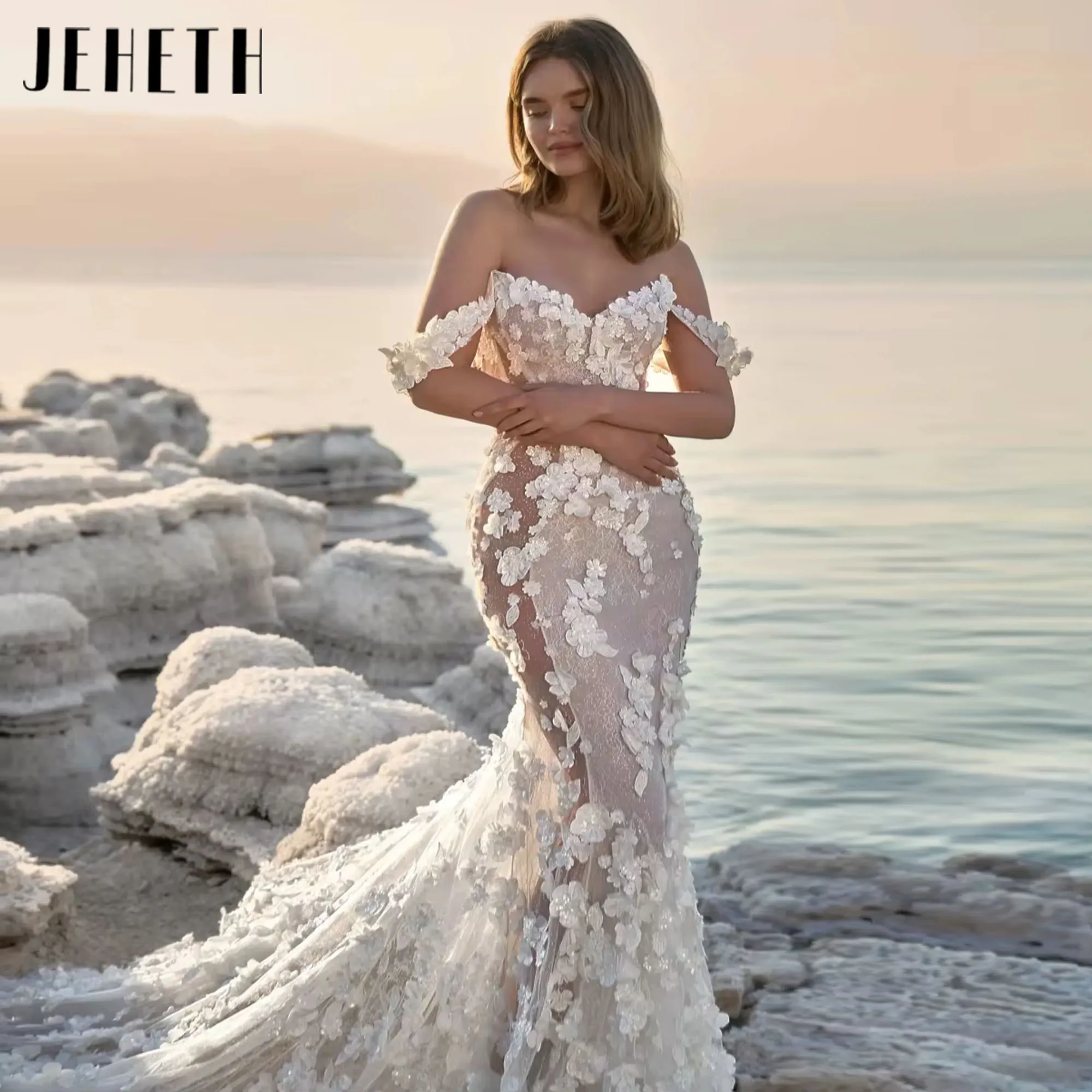 

JEHETH Shiny Lace Mermaid Long Wedding Dress Charming Lace Appliques Bride Robe Sexy Illusion Bridal Gown Robe Customized 2025