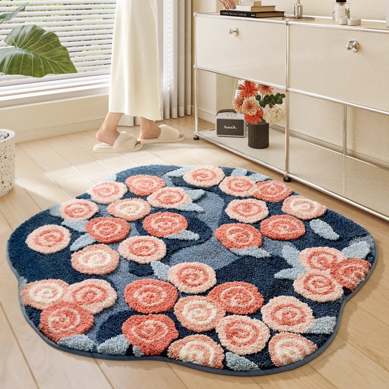 Modern Round Floral Rug For Girls Bedroom Aesthetic Rug Blue Irregular Floor Carpet For Living Room Sofa Area Mat Rose Shag Rug