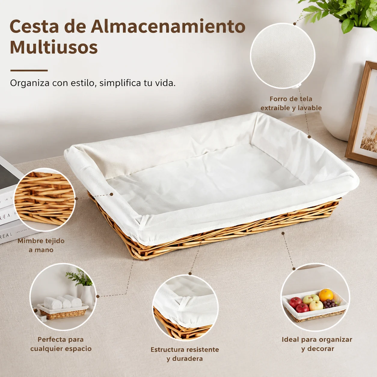 Grand panier en osier tressé à la main 45×34×8cm, doublure en lin amovible et lavable, organisateur multifonction pour collations, salle de bain, chambre à coucher