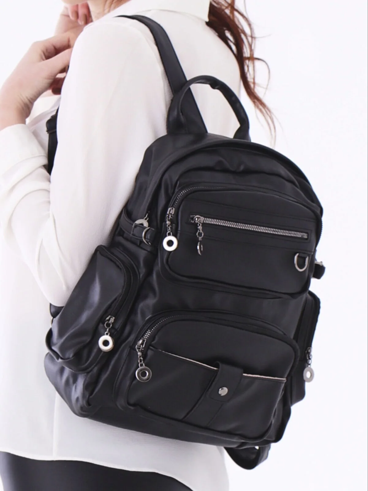 Multieyed Black Women Backpack Shoulder Bag Faux Leather Youth Leather Backpacks Teenage Girls Female School 40x30 Cm