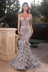 Stylish Celebrity Feather Beaded Sleeveless V Neck Mermaid Dress فساتين سهره فاخره 2023robes de soirée فساتين السهرة