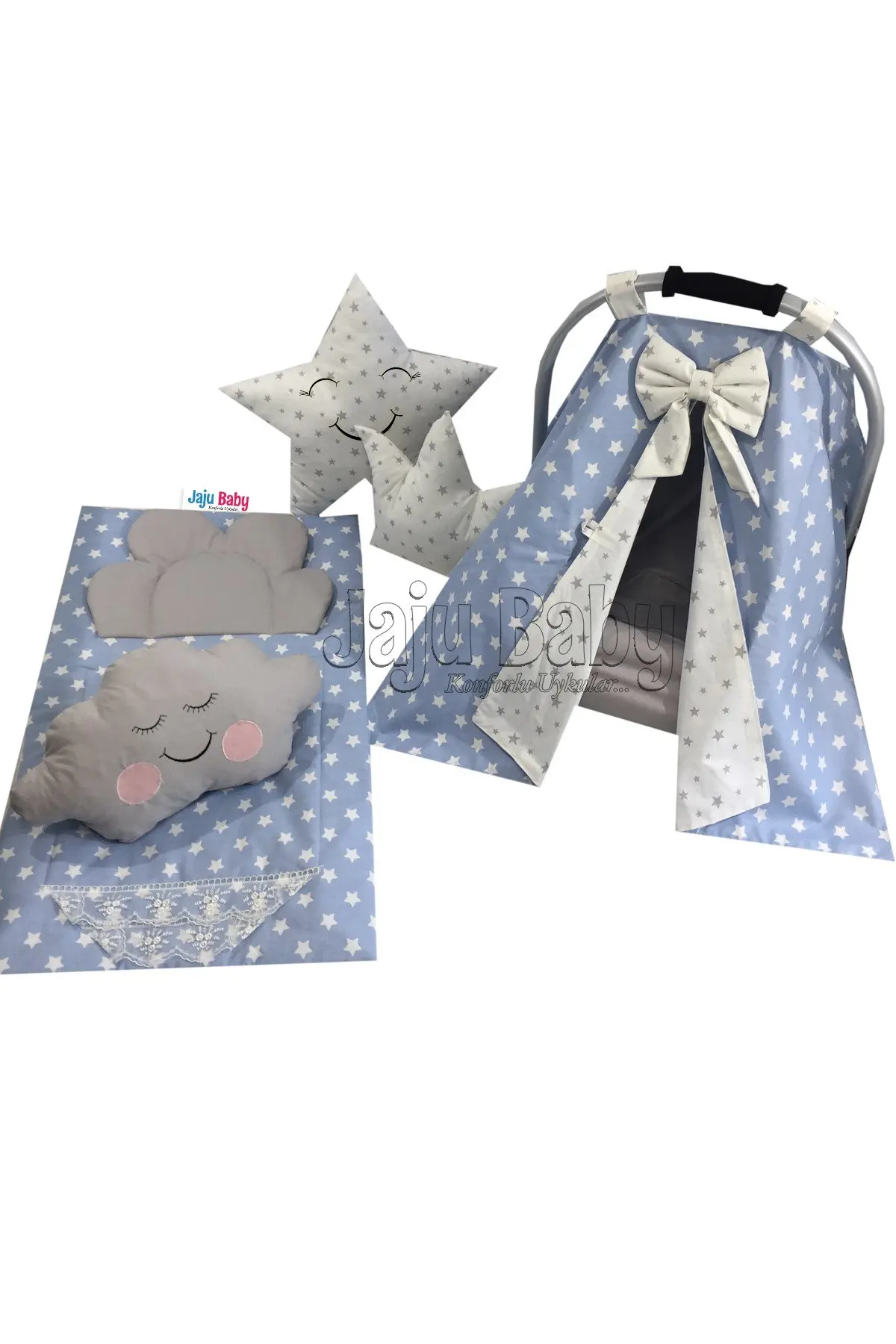 Handmade Blue-White Star Pattern Stroller Cover Set